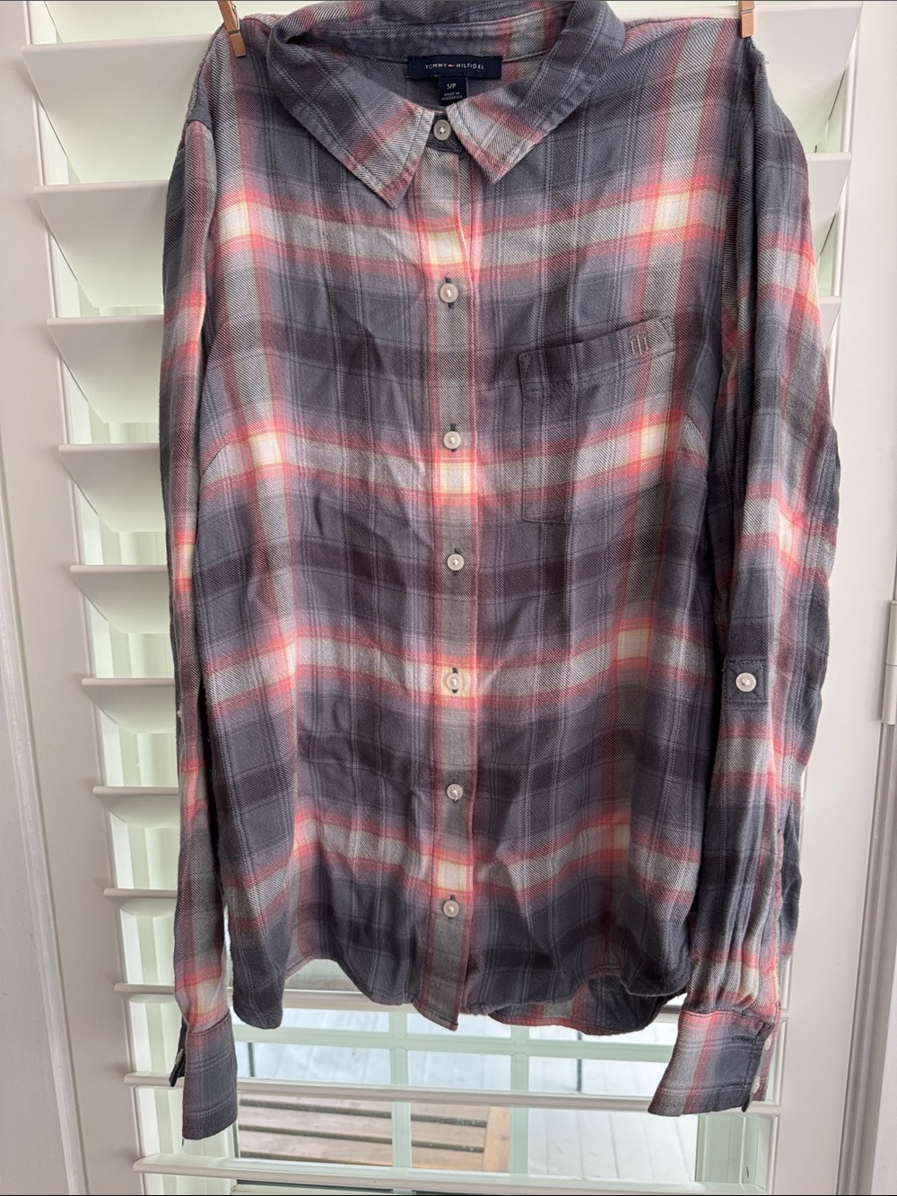 Tommy Hilfiger Soft Gray Plaid Button-Down Shirt with Pink and Cream Stripes